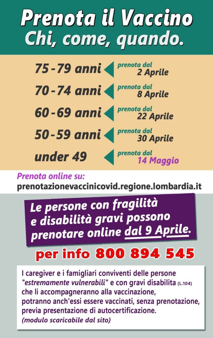 Vaccino anti covid  dal 2 aprile si parte con le prenotazioni 75-79 anni, dal 15 aprile 70-74 anni